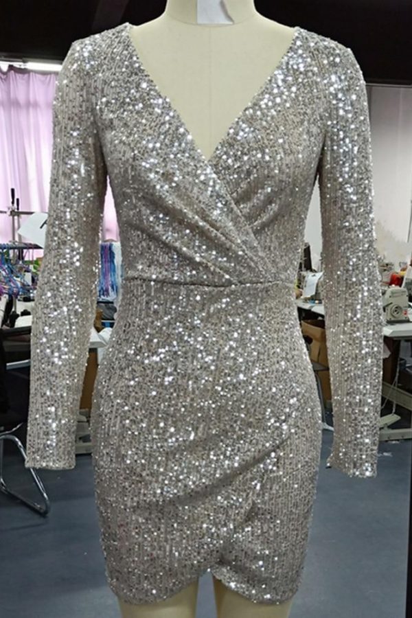 Autumn Women Elegant Shinny Mini Party Dress Female V-Neck Slinky Sparkly Dress Surplice Wrap Ruched Sequins Bodycon Dress - Takalr