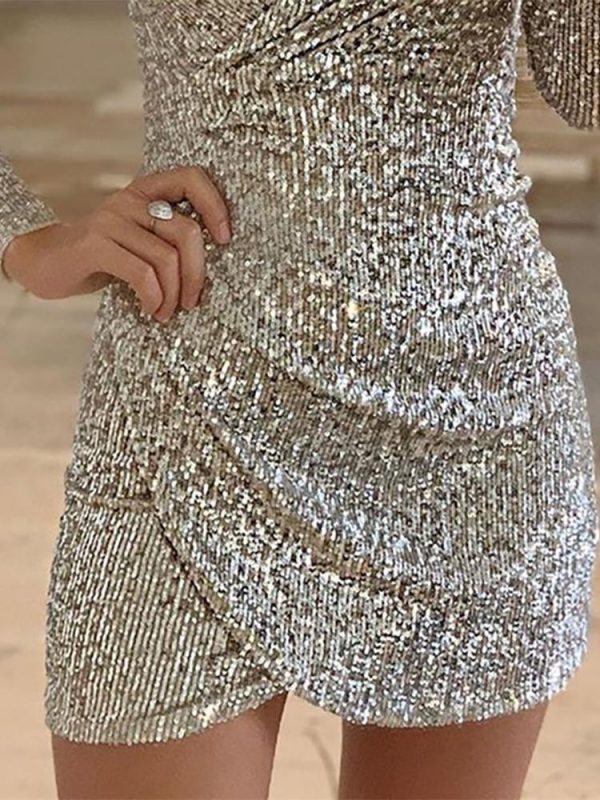 Autumn Women Elegant Shinny Mini Party Dress Female V-Neck Slinky Sparkly Dress Surplice Wrap Ruched Sequins Bodycon Dress - Takalr