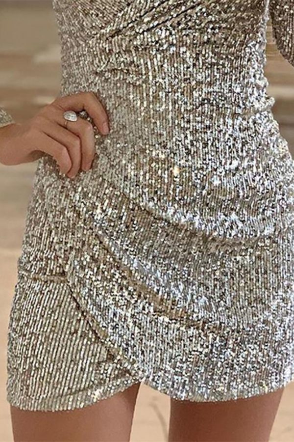 Autumn Women Elegant Shinny Mini Party Dress Female V-Neck Slinky Sparkly Dress Surplice Wrap Ruched Sequins Bodycon Dress - Takalr