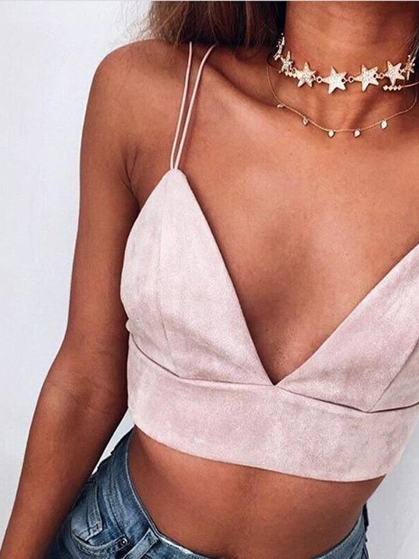 Summer Bralette Crop Top Sexy Pink Strappy Suede Cami Camisole Casual Women Tops - Takalr