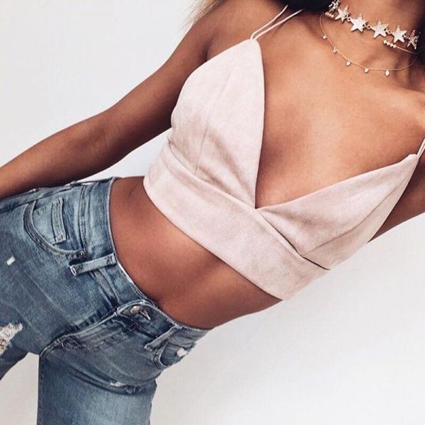 Summer Bralette Crop Top Sexy Pink Strappy Suede Cami Camisole Casual Women Tops - Takalr