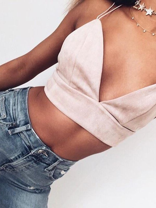 Summer Bralette Crop Top Sexy Pink Strappy Suede Cami Camisole Casual Women Tops - Takalr