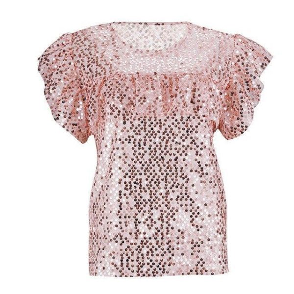 Summer Clothing Pink Casual Ruffled Beading Short Sleeve See Through Women Tops Summer Women Blouse and Tops Sexy Tops - Takalr