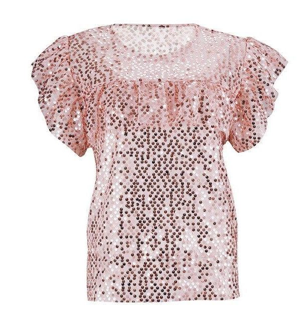 Summer Clothing Pink Casual Ruffled Beading Short Sleeve See Through Women Tops Summer Women Blouse and Tops Sexy Tops - Takalr