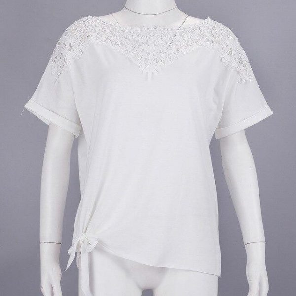 Summer Clothing White Casual Lace Patchwork Short Sleeve Lace Up Women Tops Summer Women Blouse and Tops Sexy Tops - Takalr