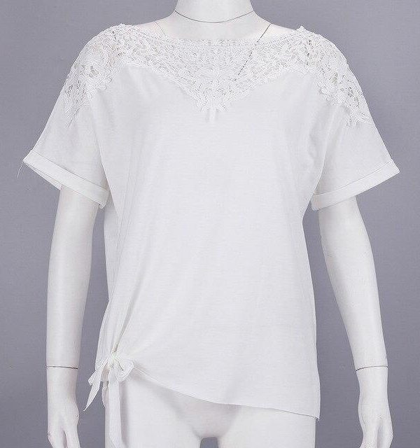 Summer Clothing White Casual Lace Patchwork Short Sleeve Lace Up Women Tops Summer Women Blouse and Tops Sexy Tops - Takalr