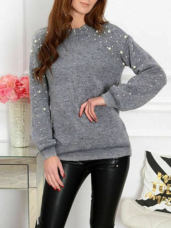 The Best 2019 Autumn Women Half-high Collar Knitted Beading Sweater Loose Jumper Ladies Winter Warm Basic Pullover Tops Online - Takalr