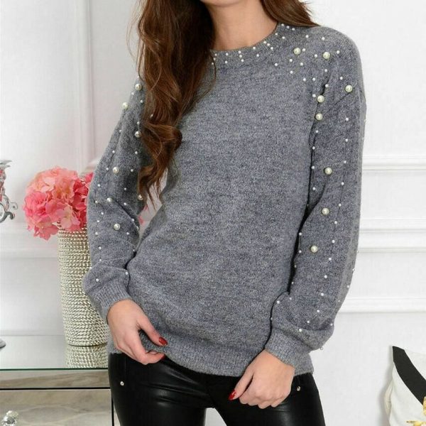 The Best 2019 Autumn Women Half-high Collar Knitted Beading Sweater Loose Jumper Ladies Winter Warm Basic Pullover Tops Online - Takalr