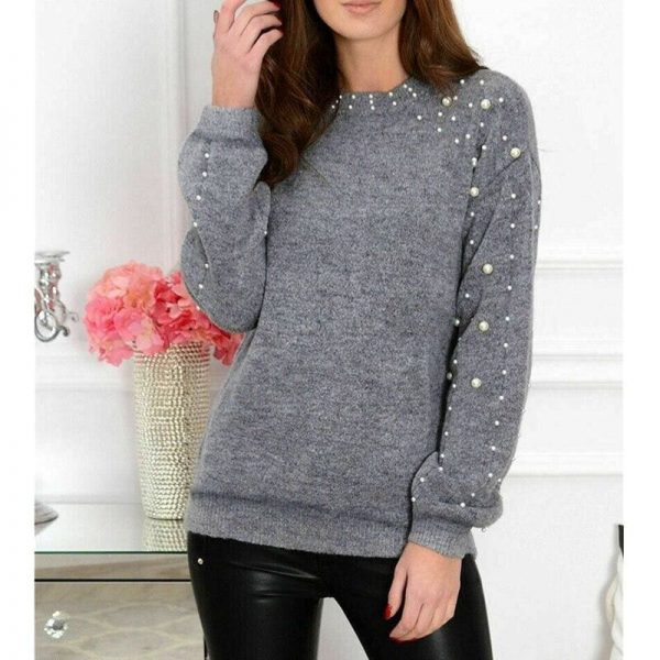 The Best 2019 Autumn Women Half-high Collar Knitted Beading Sweater Loose Jumper Ladies Winter Warm Basic Pullover Tops Online - Takalr