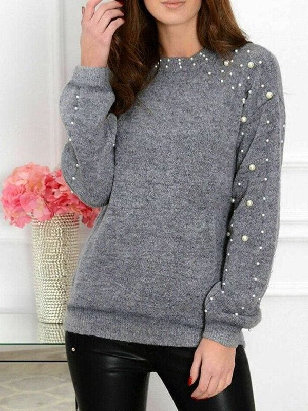 The Best 2019 Autumn Women Half-high Collar Knitted Beading Sweater Loose Jumper Ladies Winter Warm Basic Pullover Tops Online - Takalr