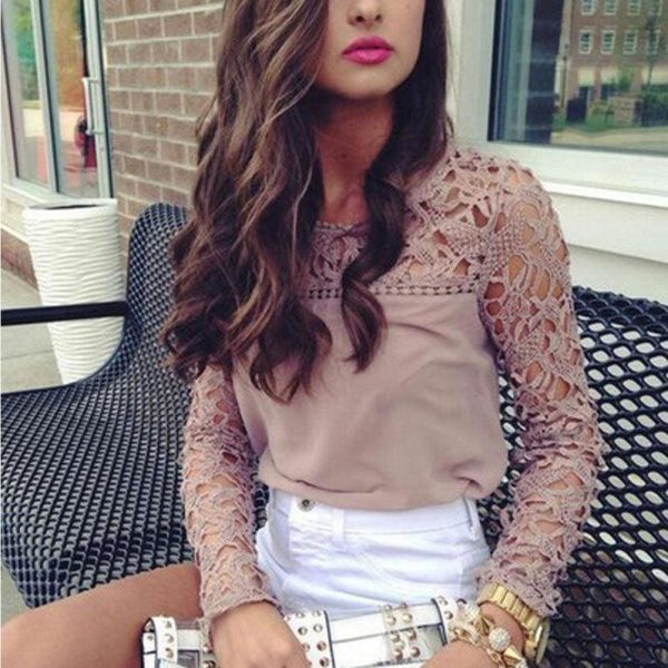 The Best 2019 Elegant Women Ladies Chiffon Lace Shirt arrival Ladies Casual Solid Summer Outdoor Long Sleeve O-Neck Loose Tops New Online - Takalr