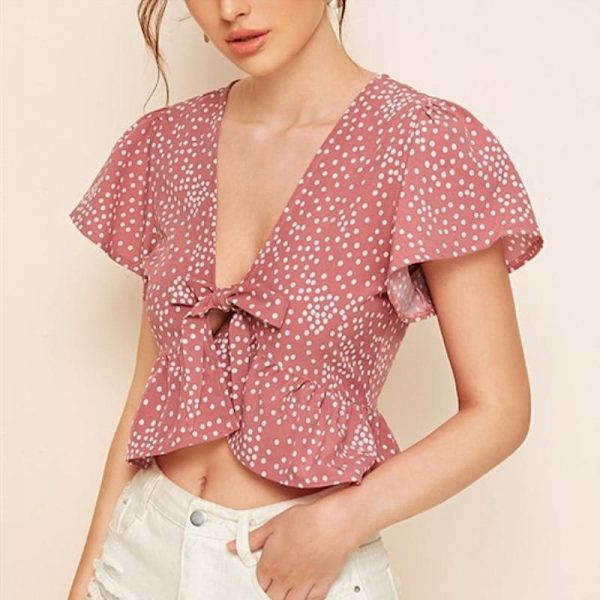 The Best 2019 Fashion Summer Women Ruffle Polka Dot Tops Ladies Casual Hem Tie Front Top Bow V Neck Blouse Tops Shirt Online - Takalr