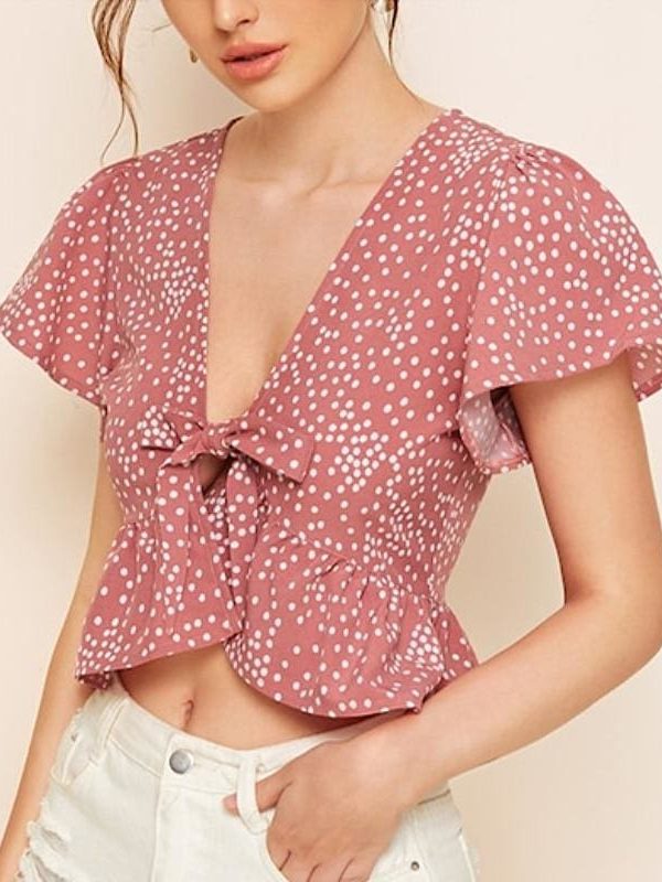 The Best 2019 Fashion Summer Women Ruffle Polka Dot Tops Ladies Casual Hem Tie Front Top Bow V Neck Blouse Tops Shirt Online - Takalr