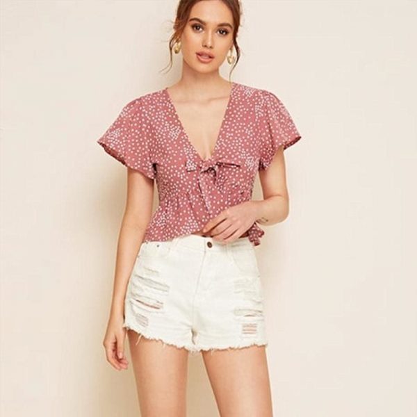 The Best 2019 Fashion Summer Women Ruffle Polka Dot Tops Ladies Casual Hem Tie Front Top Bow V Neck Blouse Tops Shirt Online - Takalr