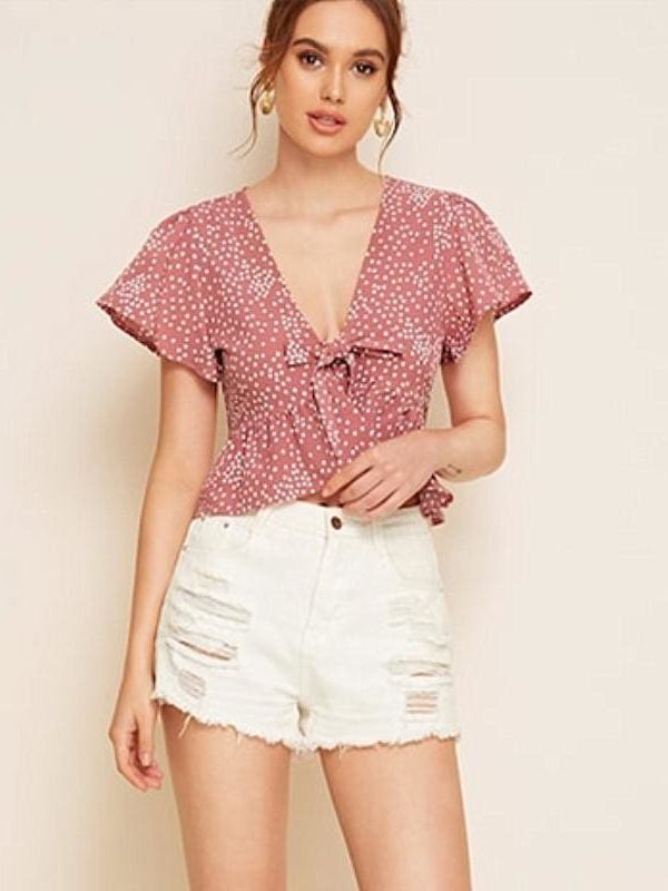 The Best 2019 Fashion Summer Women Ruffle Polka Dot Tops Ladies Casual Hem Tie Front Top Bow V Neck Blouse Tops Shirt Online - Takalr