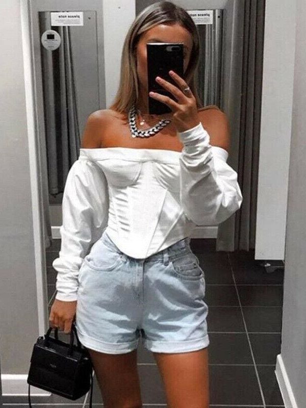 The Best 2019 Fashion Trend Women Cropped Tops Casual Long Sleeve Slash Neck Off Shoulder T shirts Party HOT Skinny Pre-fall New Tees Online - Takalr