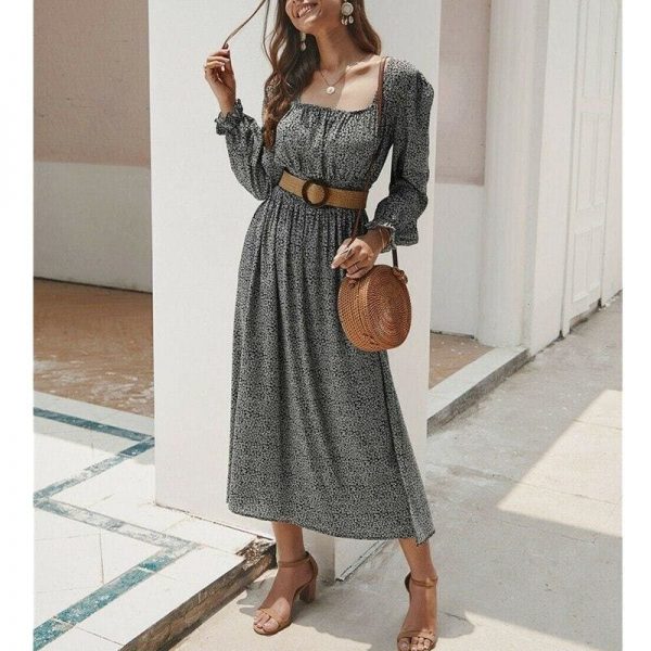 The Best 2019 Fashion Trend Women Ladies Long Sleeve Square neck Autumn Dress Floral Autumn Pre-fall Holiday Long Maxi Dress Online - Takalr