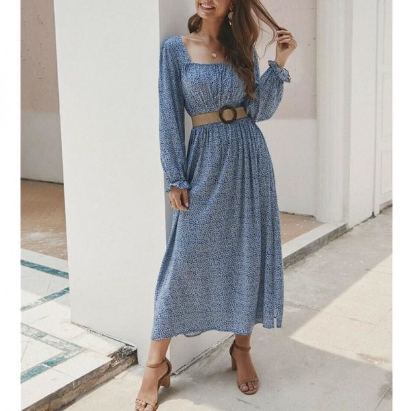 The Best 2019 Fashion Trend Women Ladies Long Sleeve Square neck Autumn Dress Floral Autumn Pre-fall Holiday Long Maxi Dress Online - Takalr