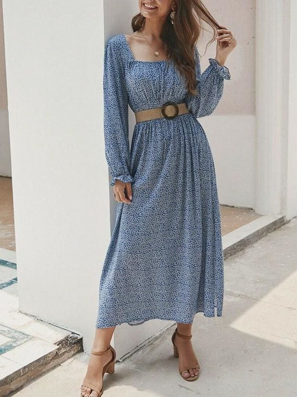 The Best 2019 Fashion Trend Women Ladies Long Sleeve Square neck Autumn Dress Floral Autumn Pre-fall Holiday Long Maxi Dress Online - Takalr