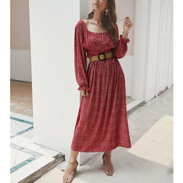 The Best 2019 Fashion Trend Women Ladies Long Sleeve Square neck Autumn Dress Floral Autumn Pre-fall Holiday Long Maxi Dress Online - Takalr