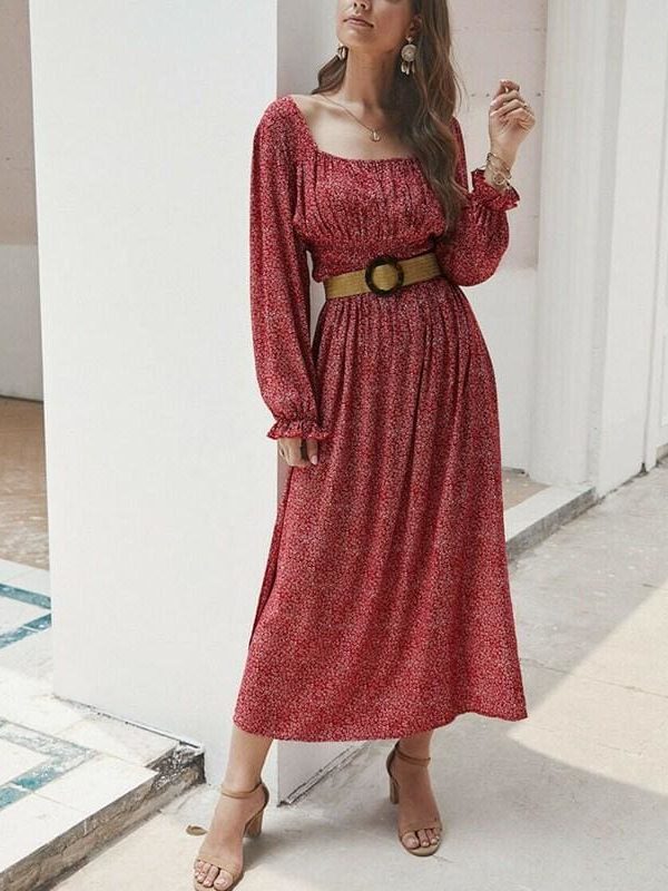 The Best 2019 Fashion Trend Women Ladies Long Sleeve Square neck Autumn Dress Floral Autumn Pre-fall Holiday Long Maxi Dress Online - Takalr