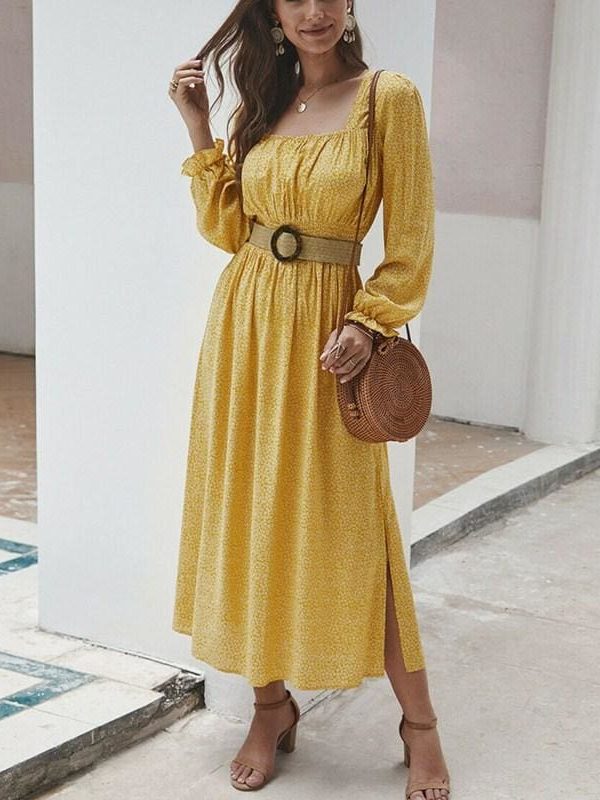 The Best 2019 Fashion Trend Women Ladies Long Sleeve Square neck Autumn Dress Floral Autumn Pre-fall Holiday Long Maxi Dress Online - Takalr