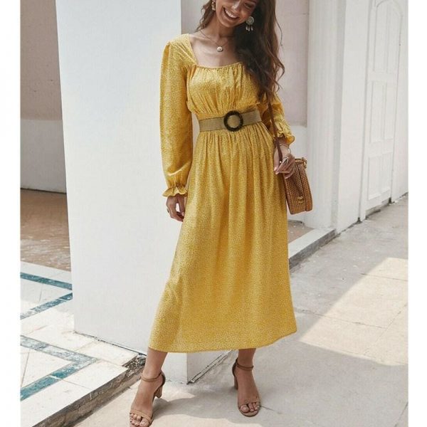 The Best 2019 Fashion Trend Women Ladies Long Sleeve Square neck Autumn Dress Floral Autumn Pre-fall Holiday Long Maxi Dress Online - Takalr