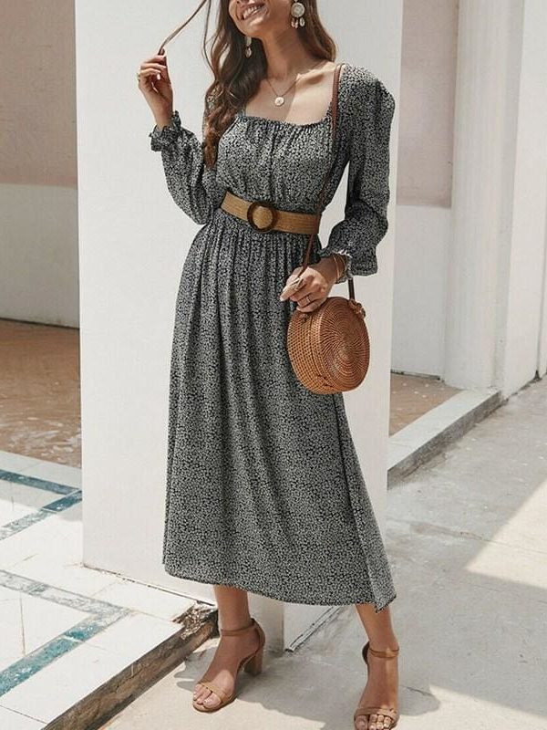 The Best 2019 Fashion Trend Women Ladies Long Sleeve Square neck Autumn Dress Floral Autumn Pre-fall Holiday Long Maxi Dress Online - Takalr