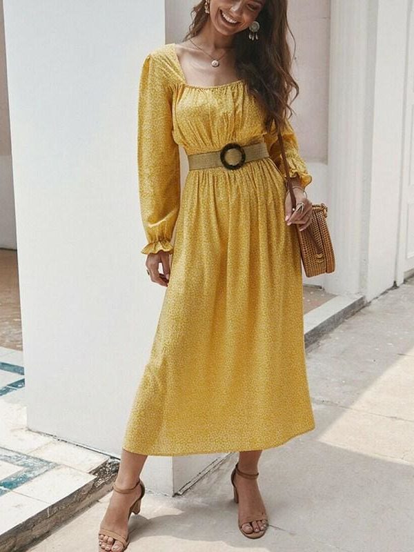 The Best 2019 Fashion Trend Women Ladies Long Sleeve Square neck Autumn Dress Floral Autumn Pre-fall Holiday Long Maxi Dress Online - Takalr