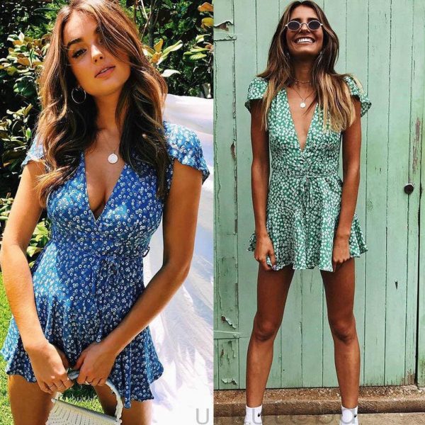 The Best 2019 Fashion Women Dress Ladies Boho V-neck Floral Printing Summer Party Evening Beach Short Mini Dresses Ruffles Sundress Online - Takalr