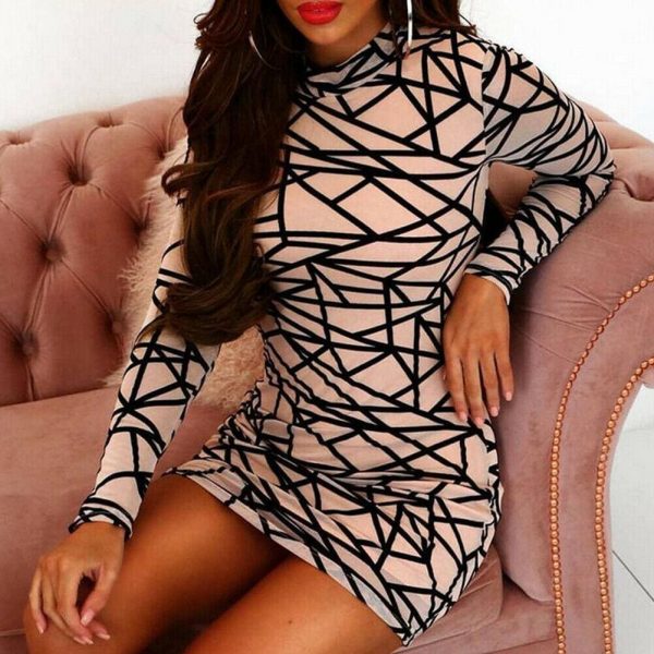 The Best 2019 Fashion Women Dress Sexy Perspective Dress Bodycon Slim Striped Pencil Dress Club Turtleneck Long Sleeve Party Mini Dresses Online - Takalr