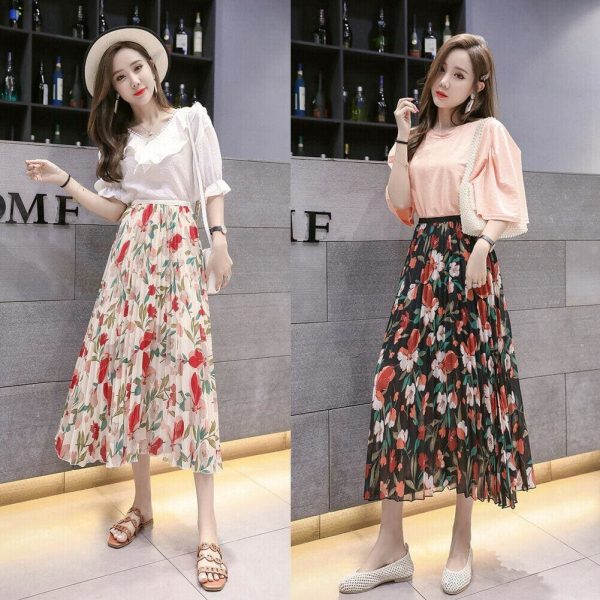 The Best 2019 Fashion Women Floral Pleated Boho Midi Skirt High Waist Ladies Casual Summer Party Cocktail Wrap Skirt Sundress Online - Takalr