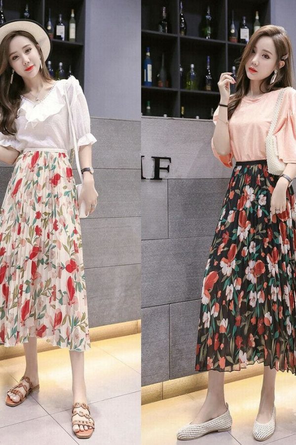 The Best 2019 Fashion Women Floral Pleated Boho Midi Skirt High Waist Ladies Casual Summer Party Cocktail Wrap Skirt Sundress Online - Takalr