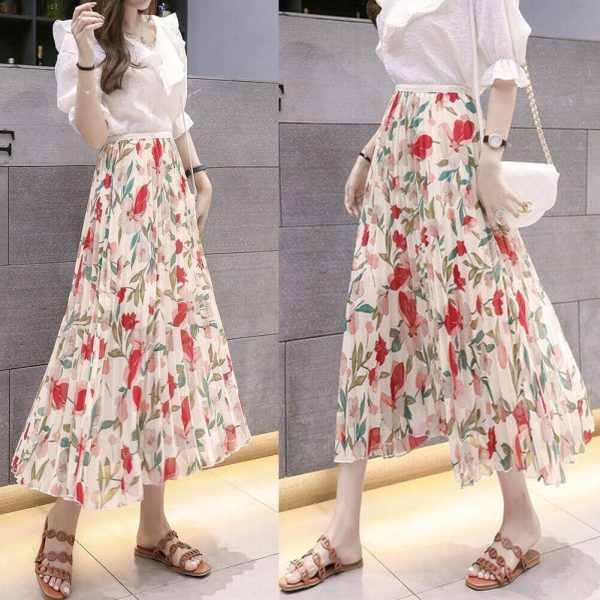 The Best 2019 Fashion Women Floral Pleated Boho Midi Skirt High Waist Ladies Casual Summer Party Cocktail Wrap Skirt Sundress Online - Takalr