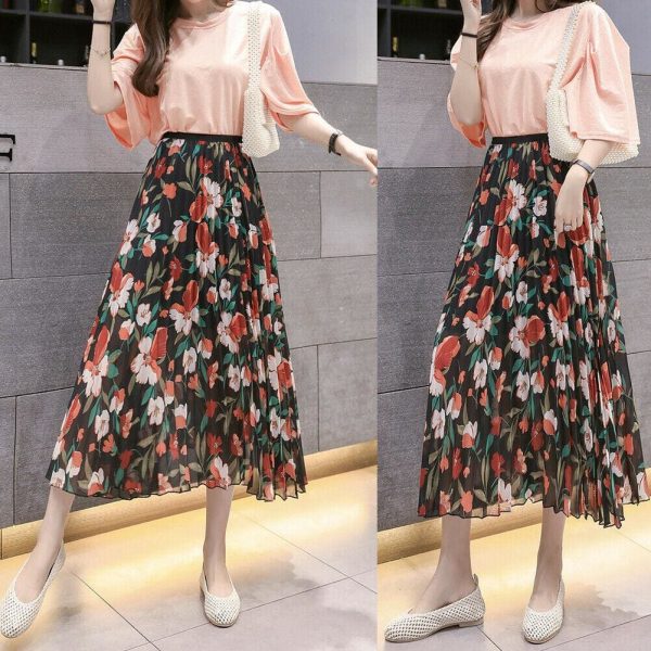 The Best 2019 Fashion Women Floral Pleated Boho Midi Skirt High Waist Ladies Casual Summer Party Cocktail Wrap Skirt Sundress Online - Takalr