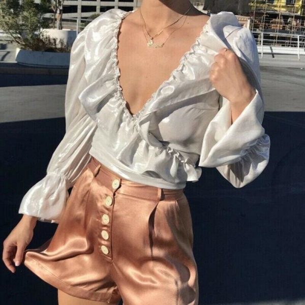 The Best 2019 Fashion Women Ladies Glossy V-Neck Ruffle Long Sleeve Blouse Tops Casual Crop Top Shirt Outwear Streetwear Online - Takalr