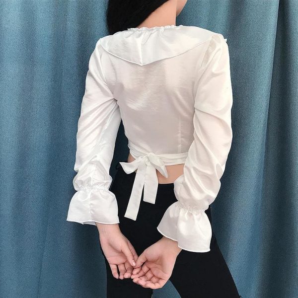 The Best 2019 Fashion Women Ladies Glossy V-Neck Ruffle Long Sleeve Blouse Tops Casual Crop Top Shirt Outwear Streetwear Online - Takalr