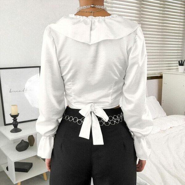 The Best 2019 Fashion Women Ladies Glossy V-Neck Ruffle Long Sleeve Blouse Tops Casual Crop Top Shirt Outwear Streetwear Online - Takalr