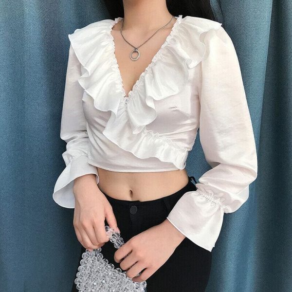 The Best 2019 Fashion Women Ladies Glossy V-Neck Ruffle Long Sleeve Blouse Tops Casual Crop Top Shirt Outwear Streetwear Online - Takalr