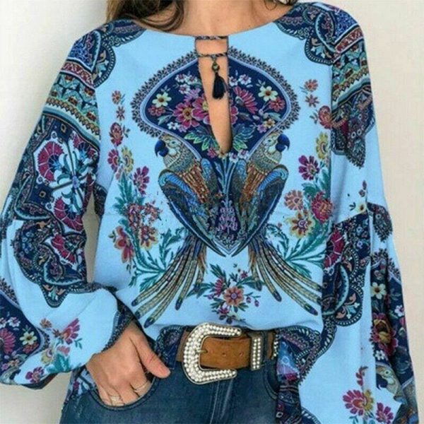 The Best 2019 Fashion Women Lady Boho Floral V-Neck Long Sleeve T-Shirts Summer Autumn Casual Loose Tops Plus Size Online - Takalr