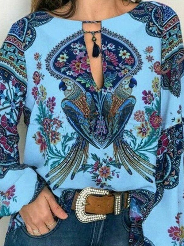 The Best 2019 Fashion Women Lady Boho Floral V-Neck Long Sleeve T-Shirts Summer Autumn Casual Loose Tops Plus Size Online - Takalr