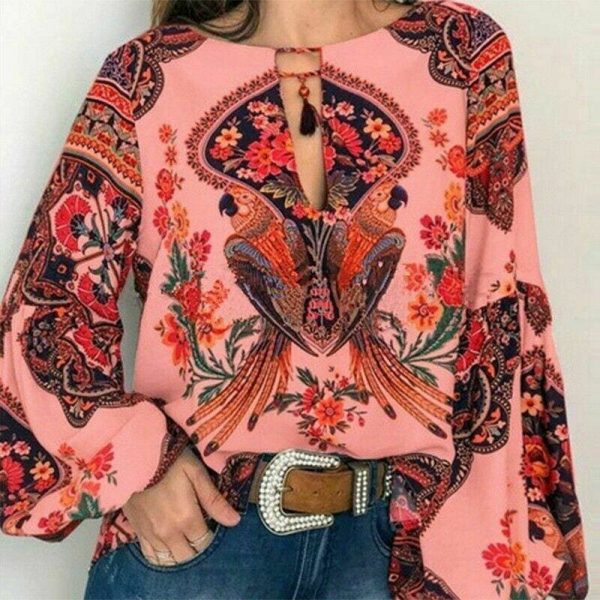 The Best 2019 Fashion Women Lady Boho Floral V-Neck Long Sleeve T-Shirts Summer Autumn Casual Loose Tops Plus Size Online - Takalr