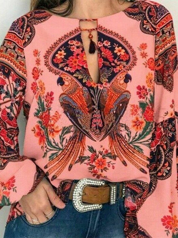 The Best 2019 Fashion Women Lady Boho Floral V-Neck Long Sleeve T-Shirts Summer Autumn Casual Loose Tops Plus Size Online - Takalr