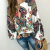 The Best 2019 Fashion Women Lady Boho Floral V-Neck Long Sleeve T-Shirts Summer Autumn Casual Loose Tops Plus Size Online - Takalr