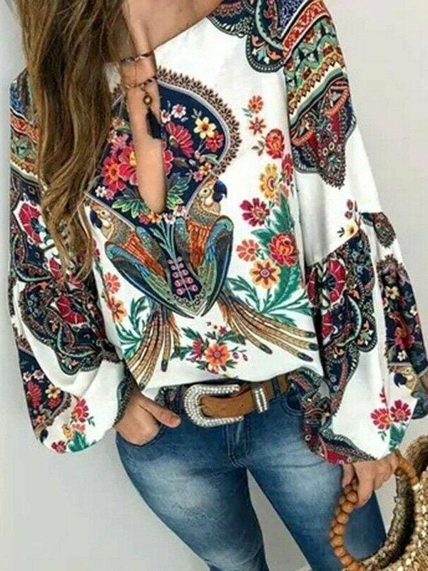 The Best 2019 Fashion Women Lady Boho Floral V-Neck Long Sleeve T-Shirts Summer Autumn Casual Loose Tops Plus Size Online - Takalr