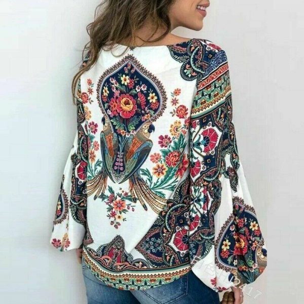 The Best 2019 Fashion Women Lady Boho Floral V-Neck Long Sleeve T-Shirts Summer Autumn Casual Loose Tops Plus Size Online - Takalr