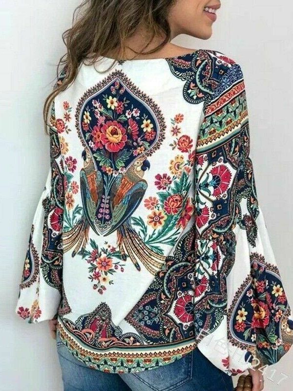 The Best 2019 Fashion Women Lady Boho Floral V-Neck Long Sleeve T-Shirts Summer Autumn Casual Loose Tops Plus Size Online - Takalr