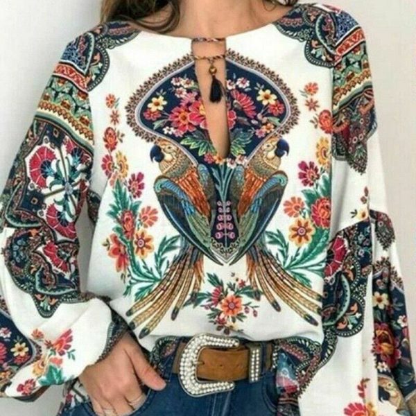 The Best 2019 Fashion Women Lady Boho Floral V-Neck Long Sleeve T-Shirts Summer Autumn Casual Loose Tops Plus Size Online - Takalr