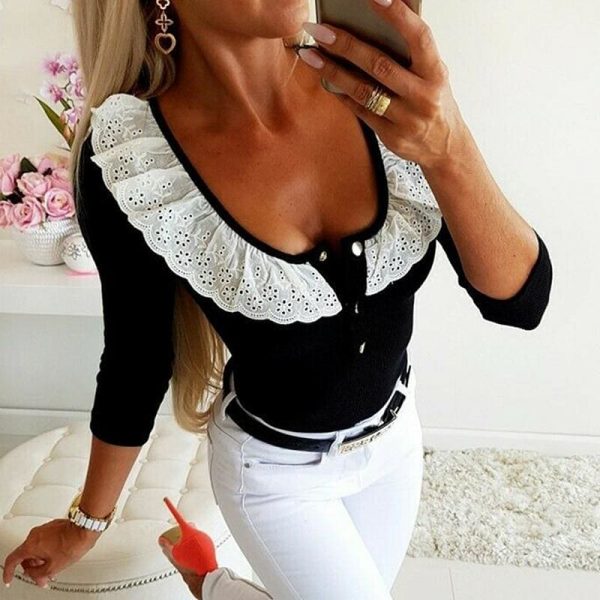 The Best 2019 Fashion Women Lady Sexy Low Cut Long Sleeve Lace V Neck Slim Fit T-Shirt Ladies Autumn Casual Tops Shirt Online - Takalr