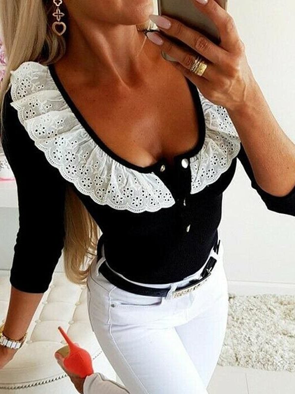 The Best 2019 Fashion Women Lady Sexy Low Cut Long Sleeve Lace V Neck Slim Fit T-Shirt Ladies Autumn Casual Tops Shirt Online - Takalr